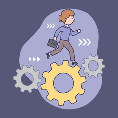 Time Management Concept. Confident Businesswoman is Running in Set of Gears Mechanism, Cogwheels. Concept Of Business Planning And Deadlines. Linear Outline Cartoon Flat Style. Vector illustration