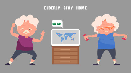 Stay at home concept crisis situation that we’re all experiencing around the world due to the coronavirus outbreak,Elderly couple exercise at home.Listen to news from TV.