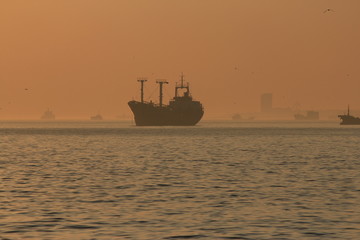 Cargo ship on sea in the rays of the setting sun.