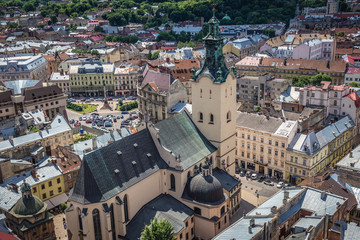 Panorama of Lviv city, view from City Hall tower with Assumption Cathedral in the middle, Ukraine