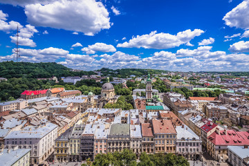Naklejka na ściany i meble Aerial view from top of City Hall tower located on the historic part of Lviv, Ukraine