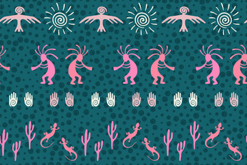Traditional, design with gecko, Kokopelli fertility god, sun, bird, cacti.