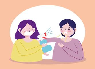 woman with mask and hand disinfectant, boy with cough, covid 19 coronavirus pandemic prevention