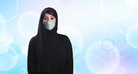 Arab young woman wearing face mask to protect her self from coronavirus. Arabic medical concept..