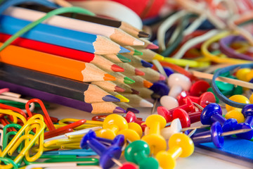 View of a school objects, colored and thematic tools