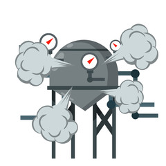 Vector Boiler for heating water. Element of house, bath and toilet system. Overloaded steam boiler. Accident, explosion and smoke. Tank with pipe and dial. Sanitary engineering