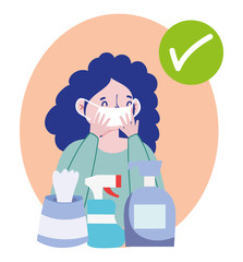 girl with medical mask and hand sanitizer gel, liquid soap, paper, covid 19