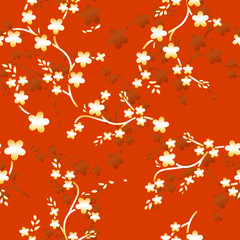 Gold flower on red background - retro style chinese parttern seamless. Vector.
