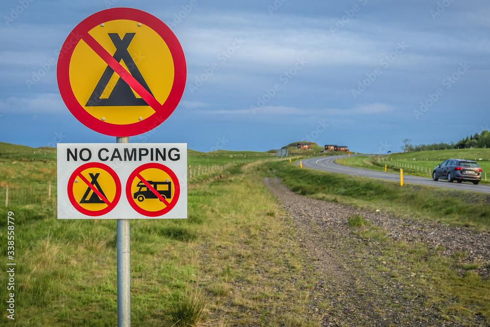 Poster No camping and overnight stay next to road near Hofn town, Iceland