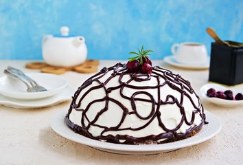 Dessert, sliced homemade cake with chocolate biscuit, cherry and cream of sour cream and whipped cream on a white plate on a light concrete background.