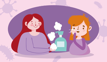 boy coughing and woman with liquid soap cartoon, covid 19 coronavirus pandemic prevention