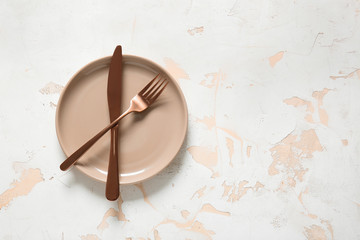 Clean plate and cutlery on light background