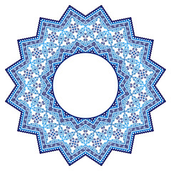 Ceramic tile pattern. Decorative round ornament. White background with art frame. Islamic, indian, arabic motifs.