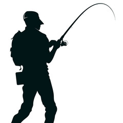 Fisherman with fishing rod in special equipment silhouette for fishing