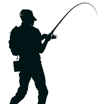 recommend clip art: Fisherman with fishing rod in special equipment silhouette for fishing