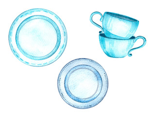 Set of tableware. Watercolor painting, individual elements. Blue cups and plates.