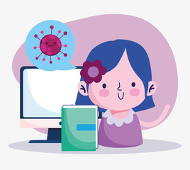 education online, student girl with book and computer, coronavirus pandemic