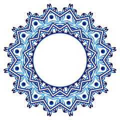 Ceramic tile pattern. Decorative round ornament. White background with art frame. Islamic, indian, arabic motifs.