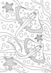 COLORING BOOK WITH FLOATING SEA STINGRAYS ON A WHITE BACKGROUND