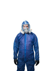 a man in a protective blue suit and a protective mask
