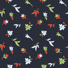 Small meadow flowers ornament. Trendy flat drawing. Scattered daisies. Simple floral seamless pattern.  Bright vintage botanical illustration. Textile and fabric usage, fashion design.