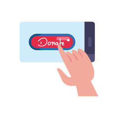 charity donations concept, smartphone with donate button and hand icon, flat style