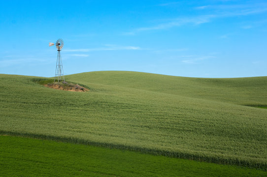 A windmill rises from rolling green farmland under blue skies 