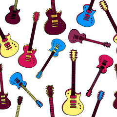 Naklejka premium Colorful flat illustration guitars isolated seamless pattern. 