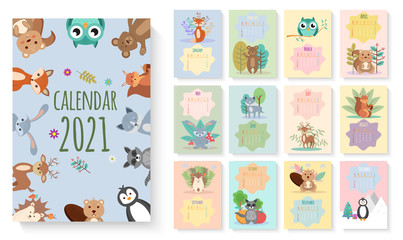 Calendar for 2021. Forest and animals. Colorful vector