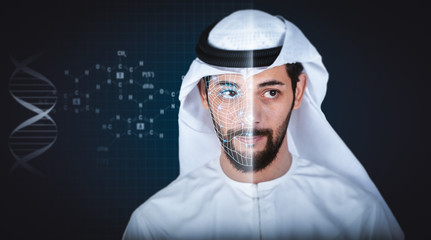Facial recognition system, concept. Arab young man, face recognition, Dubai high security..