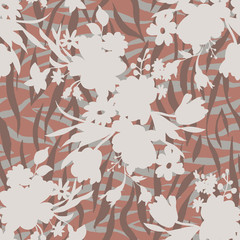 Mixed geometrical texture with flowers silhouettes. Florals combined with abstract simple elements crossed lines, stripes ornament. Seamless pattern for textile and fabric.