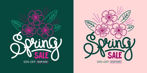 Hand Written Word Spring Sale Vector Background Illustration With Flowers. The Design Of The Banner With A Discount With Cherry Blossoms And Petals