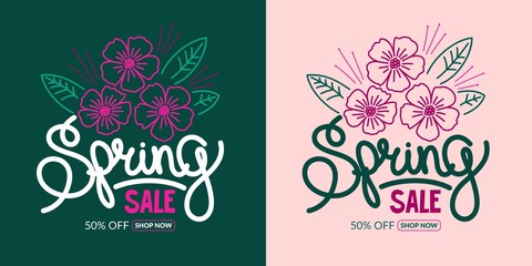 Hand Written Word Spring Sale Vector Background Illustration With Flowers. The Design Of The Banner With A Discount With Cherry Blossoms And Petals