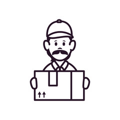 cartoon delivery man with a package icon, line style