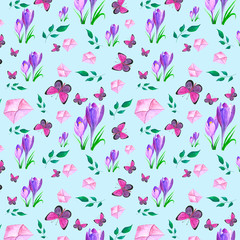 Spring pattern of elements consisting of a pink paper envelope, lilac crocuses, green leaves and a butterfly. Suitable for decoration of paper for gifts, textiles, garden equipment decorations