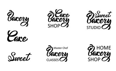 Sweet Cake Bakery shop lettering typography set. Ideal for logotype design, icon, card, postcard, logo banner. Vector handwritten illustration.