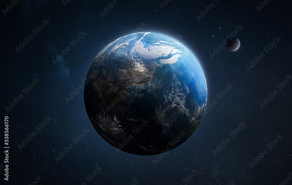 Fototapete Earth planet in dark outer space on background. High resolution sci-fi wallpaper. Elements of this image furnished by NASA
