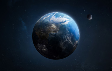 Earth planet in dark outer space on background. High resolution sci-fi wallpaper. Elements of this...