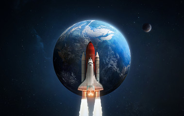 Space shuttle launch from Earth. Spaceship and planet art. Moon and outer cosmos on background. Elements of this image furnished by NASA