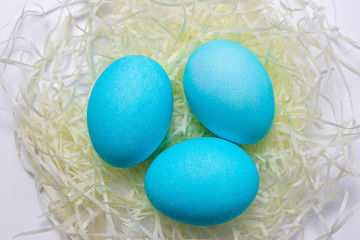 Blue Easter eggs in nest isolated on white background. Happy Easter card, close-up
