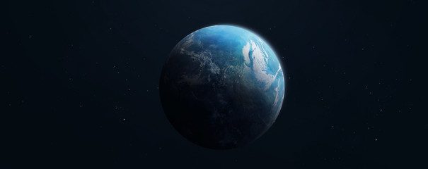 Fototapeta na wymiar Earth planet wide wallpaper on dark background. Elements of this image furnished by NASA