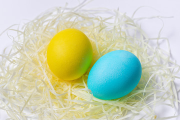 Colored Easter eggs in nest isolated on white background. Postcard idea, close-up