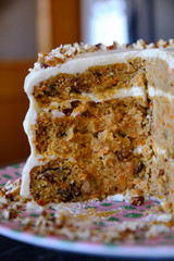 Homemade healthy carrot cake, white frosting, delicious cake, cake slice