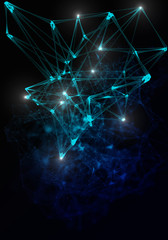 Plexus lines, dots and light beams with light points. Abstract technology, science and engineering background. Depth of field settings. 3D rendering