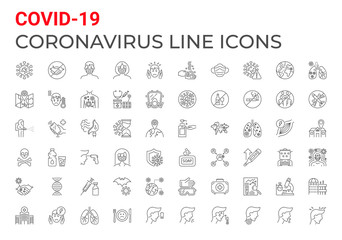 Coronavirus COVID-19 pandemic respiratory pneumonia disease related icons set line style. Included icons symptoms, transmission, prevention, treatment, virus, outbreak, contagious, infection 2019-nCoV
