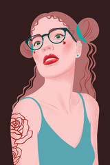 Portrait of a girl with hairstyle, eyeglasses and blue tank top. Young beautiful woman with makeup, red lips, long hair on black background. Tattoo on shoulder. Trendy flat vector illustration.