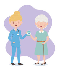 female nurse and grandma with medicine bottle, doctors and elderly people