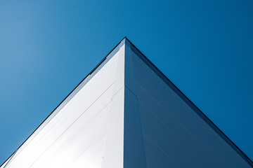  Basic Minimal Shape Abstract Exterior Warehouse or Construction Element Concept, Blue Sky and Cloud in Background with Copy Space