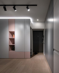 Interior of illuminated modern flat with multicolored cabinets