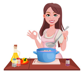 Woman cooking at home. Cheerful girl